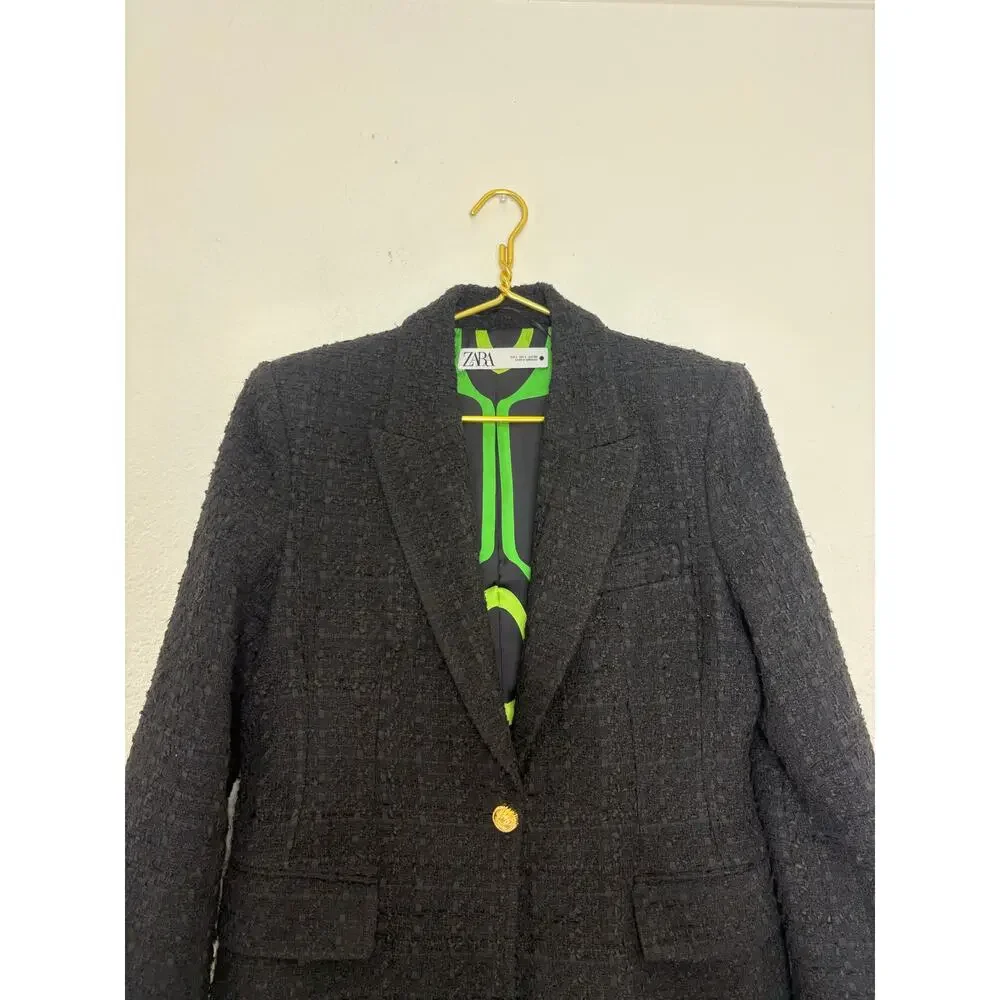 Zara Black Textured Tweed Blazer Size Large Oversized Chic Quiet Luxury Office